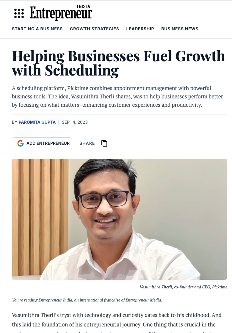 Entrepreneur India article Helping Businesses Fuel Growth with Scheduling, featuring Vasumithra Therli